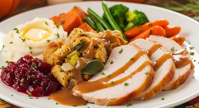 Delicious traditional thanksgiving dinner with turkey and various side dishes on a plate