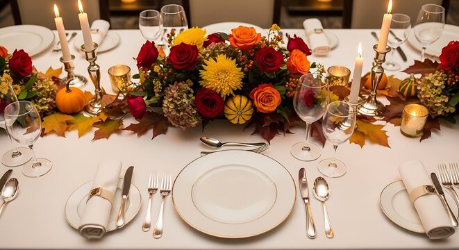 Elegant Thanksgiving dinner table setting with floral centerpiece and candles
