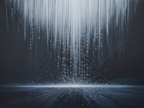 Futuristic digital data stream background with glowing binary code falling into abstract cyber space on dark blue technology backdrop