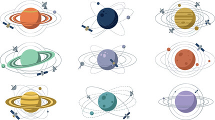 Solar system planets vector illustration set with orbital rings artificial satellites space stations research probes and cosmic astronomy galaxy elements. © MdMehedi