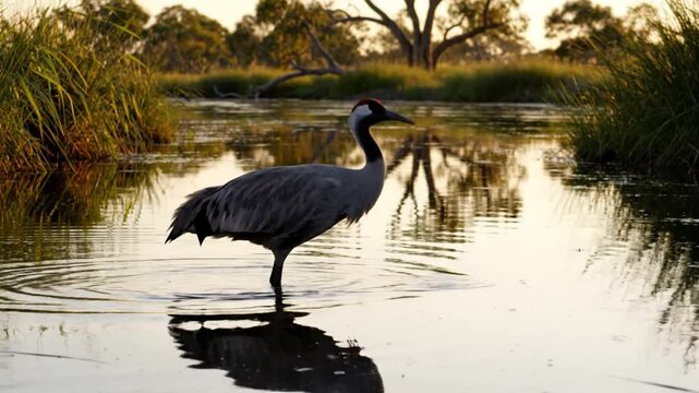 Graceful brolga crane foraging in a serene wetland habitat, enjoying the golden sunset glow