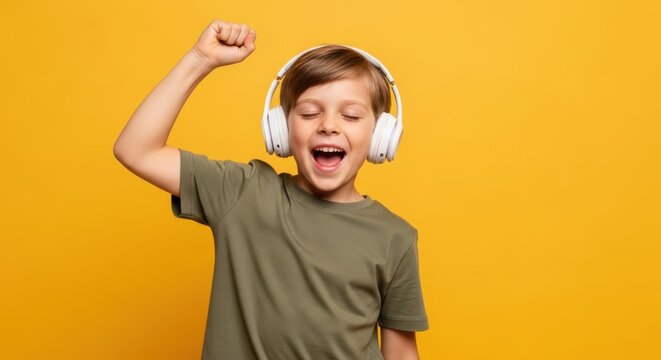 Excited young boy wearing headphones and listening to music against a yellow background