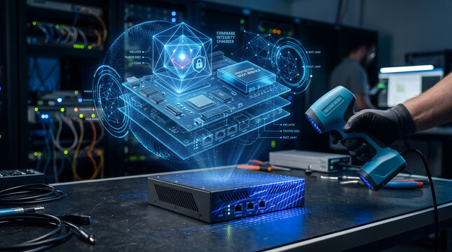 Cybersecurity infrastructure scene with a person scanning a network device