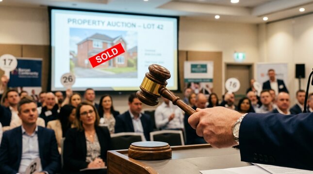 A group of people in a room watching a property auction being sold