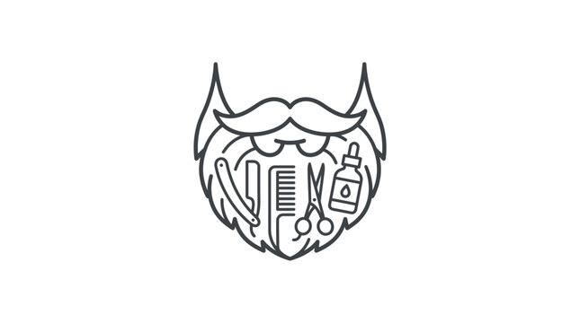 Minimalist line art illustration of a stylized beard containing barber tools.