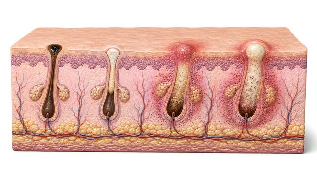 A cross-sectional view of acne vulgaris with multiple lesion types, including blackhead (open comedo), whitehead (closed comedo), papule, and pustule within a single skin block.