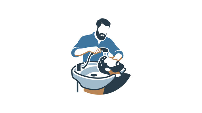 A bearded man washing a hairpiece in a salon sink.