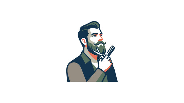 A stylish bearded barber holding a comb and scissors for grooming services.