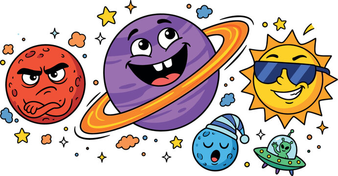 Cute solar system planets cartoon character vector illustration set featuring funny saturn sun with sunglasses mars moon and alien ufo space design.