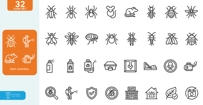 Pest control Vector illustration line editable Icons set. Containing insect, extermination, bug, pesticide, insecticide, surface, spray, rat and more. on white background.