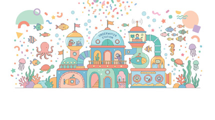 Fototapeta premium A whimsical vector illustration of a colorful underwater station teeming with marine life, divers, and playful abstract shapes in soft pastel tones.