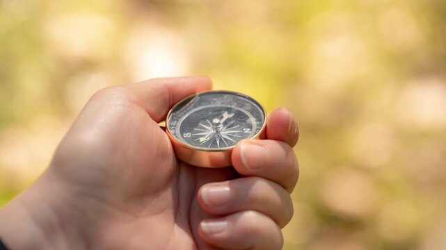 Hand holding compass in forest exploring nature finding direction journey adventure.
