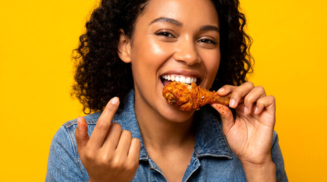 woman smiling and eating a crispy fried chicken drumstick against a bright yellow background