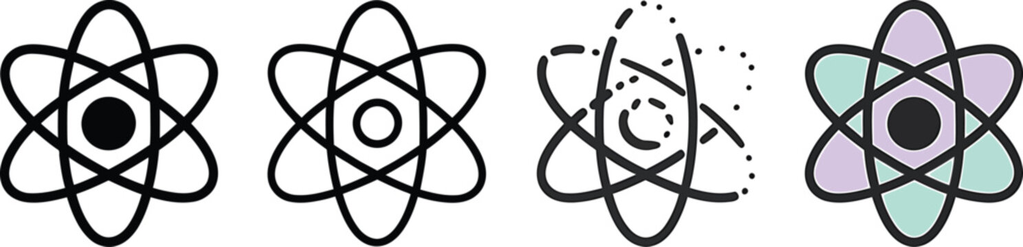Collection of diverse stylized atomic models representing scientific concepts and research