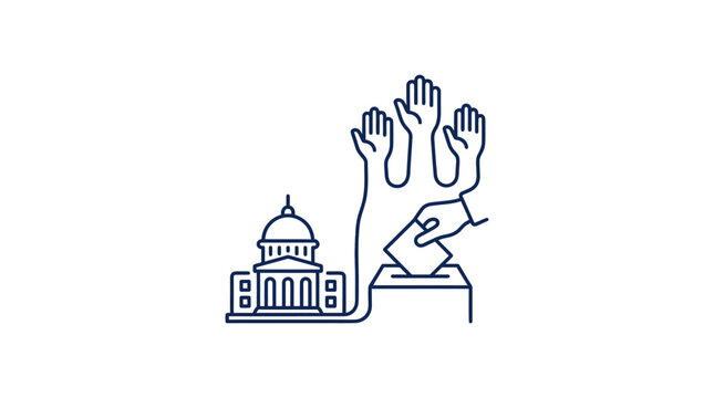 Line art illustration depicting voting process with government building and ballot box.