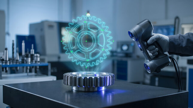 Quality assurance engineer scanning a gear with 3d scanner in industrial setting
