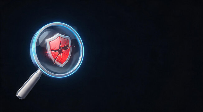 Glowing magnifying glass detecting cybersecurity vulnerability on dark background