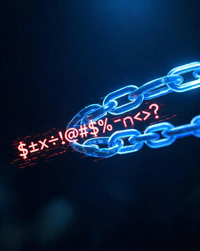 Macro close-up of malicious code captured by blue chains