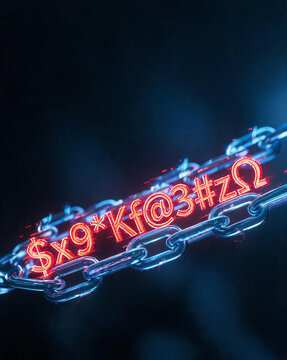 Macro close-up of malicious code captured by blue chains