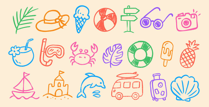 Colorful hand drawn crayon beach doodle elements in a playful kids style. Cute summer icon collection for stickers, patterns, and design projects