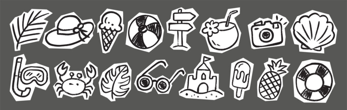 Hand drawn crayon beach doodles in a kids scrapbook style. Cute summer elements collection for stickers, patterns, and creative design projects