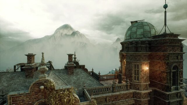 Historic tower glowing with warm lanterns, dome and spire framed by misty peaks, carved cornices illuminated, moody evening mood with soft light