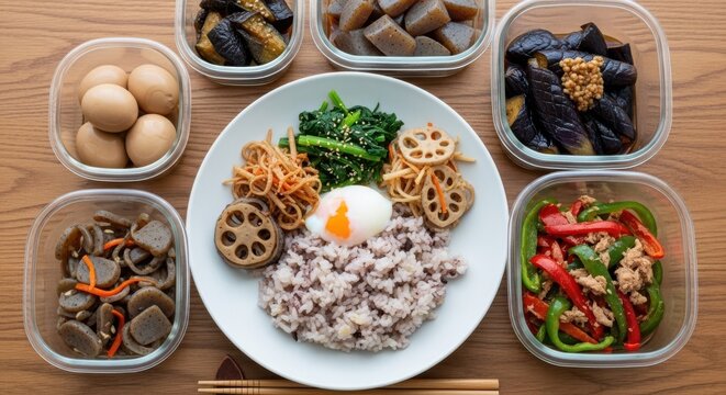 Healthy japanese meal prep with multigrain rice, poached egg, and various side dishes in containers
