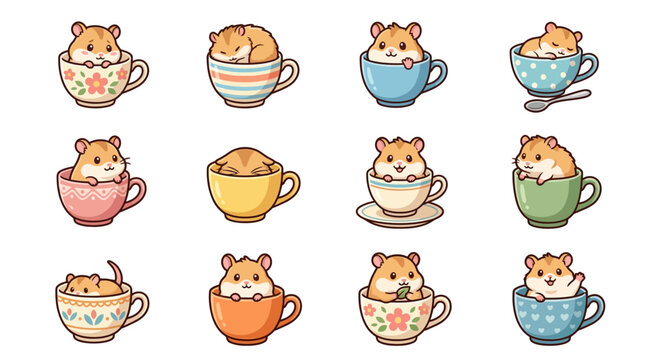 Cute hamsters in colorful tea cups.