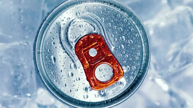 Top view of chilled aluminum soda can with orange ring pull rotating on bed of ice cubes with water droplets.
