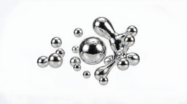 Abstract 3D liquid metal spheres and droplets with reflective chrome finish isolated on white background for modern graphic design