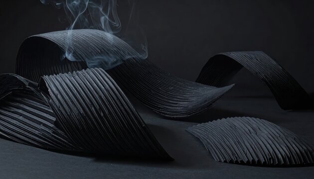 Abstract black pleated waves with smoke on dark background