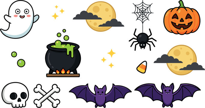 Cute Halloween element vector illustration set featuring a friendly ghost pumpkin skull crossbones cauldron bats spider web and full moon spooky designs.