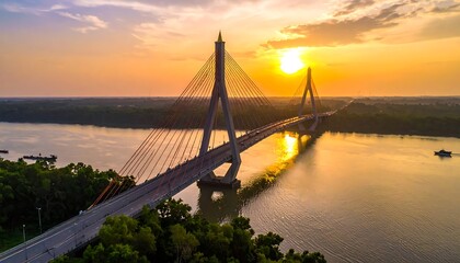 Obraz premium Aerial view of a cable-stayed bridge over a river at sunset