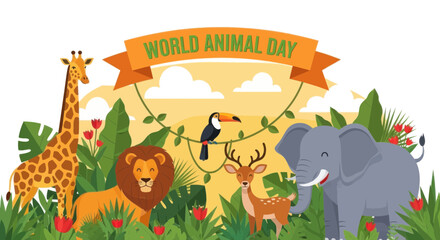 Naklejka premium World animal day celebration banner with wild animals in nature