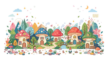 Fototapeta premium A whimsical vector illustration of a magical forest village featuring colorful mushroom houses, a gnome, a girl, and a winding stream under a starry sky.