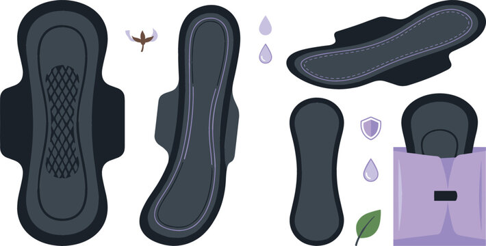 Black sanitary pads vector illustration set featuring organic menstrual pads with wings panty liners drops leaf and packaging for feminine hygiene products.