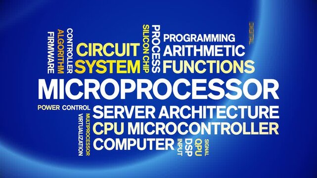 Microprocessor animated word cloud-text design animation tag kinetic typography seamless loop.