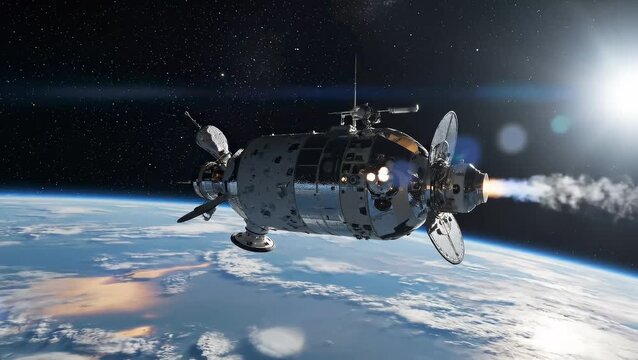Futuristic spacecraft with engines ablaze, departing Earth and embarking on an interstellar journey into the cosmos