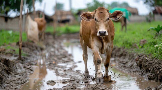 Brown calf walking through muddy path in rural farm surrounded by greenery and rustic environment with blurred background