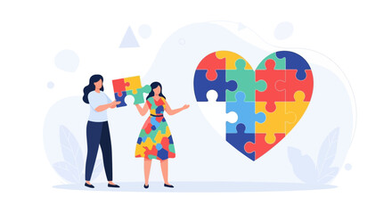 Fototapeta premium Two women assemble a colorful puzzle heart, symbolizing autism awareness, connection, and support.