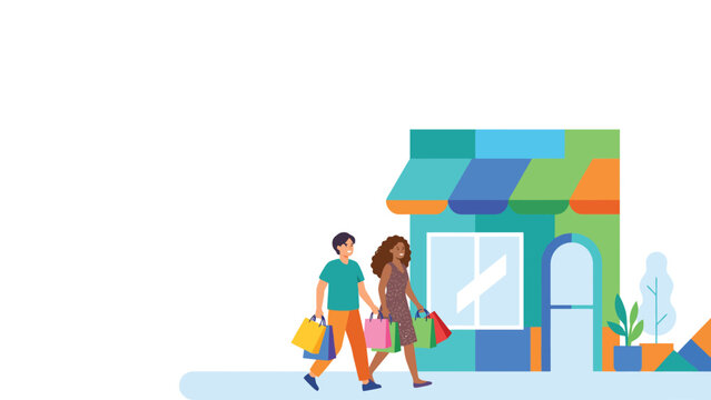 Two women shopping together outside a colorful boutique.