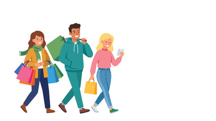 Fototapeta premium Three friends walking and shopping together carrying colorful shopping bags.