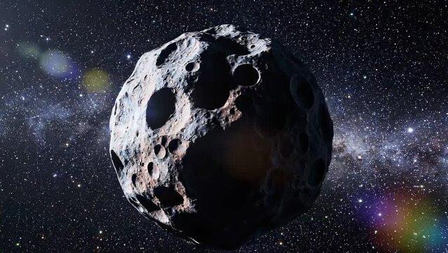 A realistic 3D render of a large asteroid in outer space, with stars and nebulae in the background