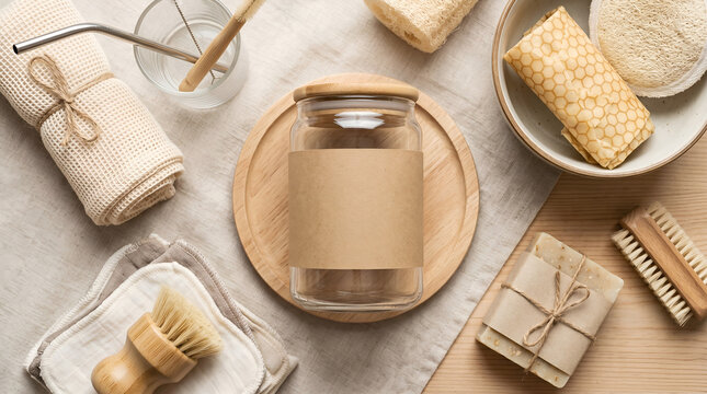 Top view eco-friendly zero waste lifestyle with glass jar and natural cotton gift wrapping on neutral background