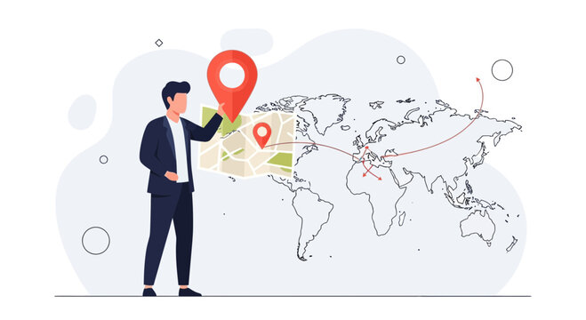 Businessman planning global travel or logistics, pointing at world map with map pins and flight paths.