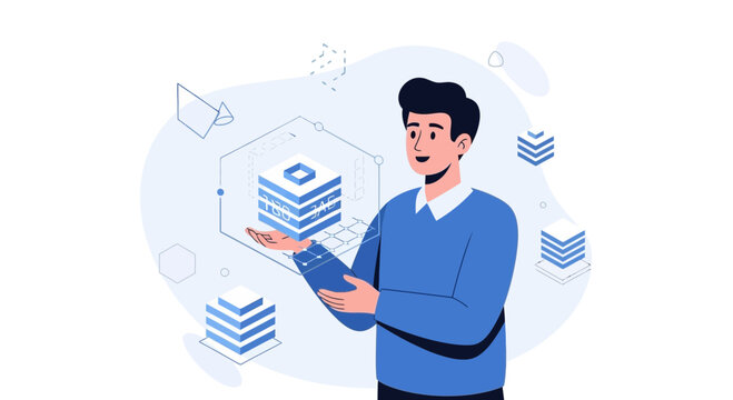 Businessman presenting digital data cube and abstract network elements, technology concept illustration