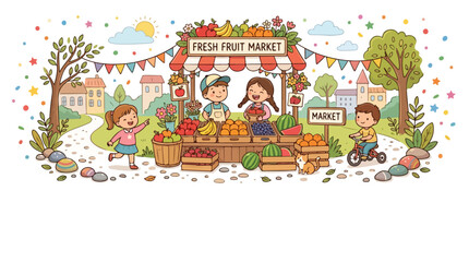 Naklejka premium A vibrant vector illustration depicts happy children running and playing around a colorful fresh fruit market stall in a scenic outdoor park.