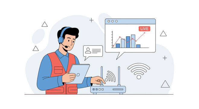 Live streaming technician monitors network performance with tablet and router, data analysis visualization
