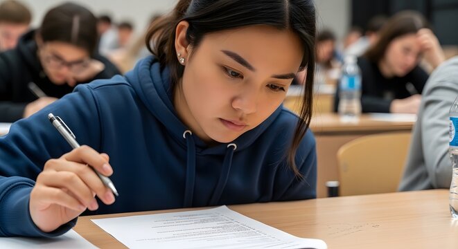 Focused asian female student writing exam paper in university classroom