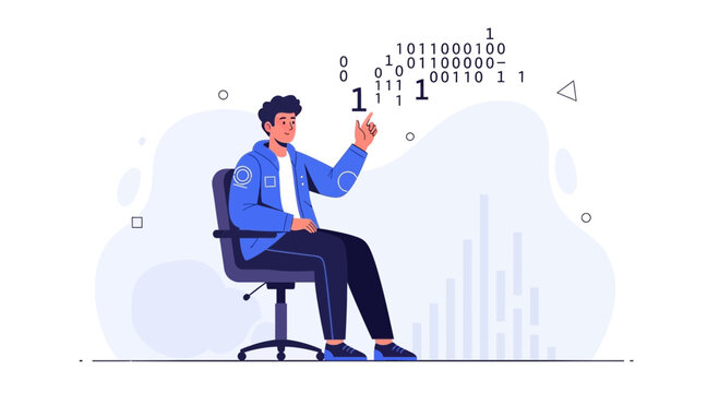 Man Interacting With Binary Code and Data Visualization - Technology and Programming Concept